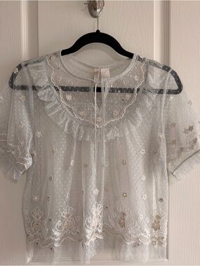 H&M Sheer White Embroidered Ruffle Blouse